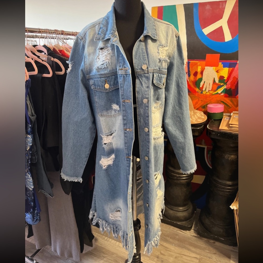 AKIRA Distressed Light Blue Long Jean Jacket